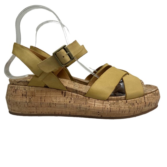 Korks Kalie Cork Platform Wedge Sandal Yellow Leather Ankle Strap Women Sz 10M - Picture 1 of 8